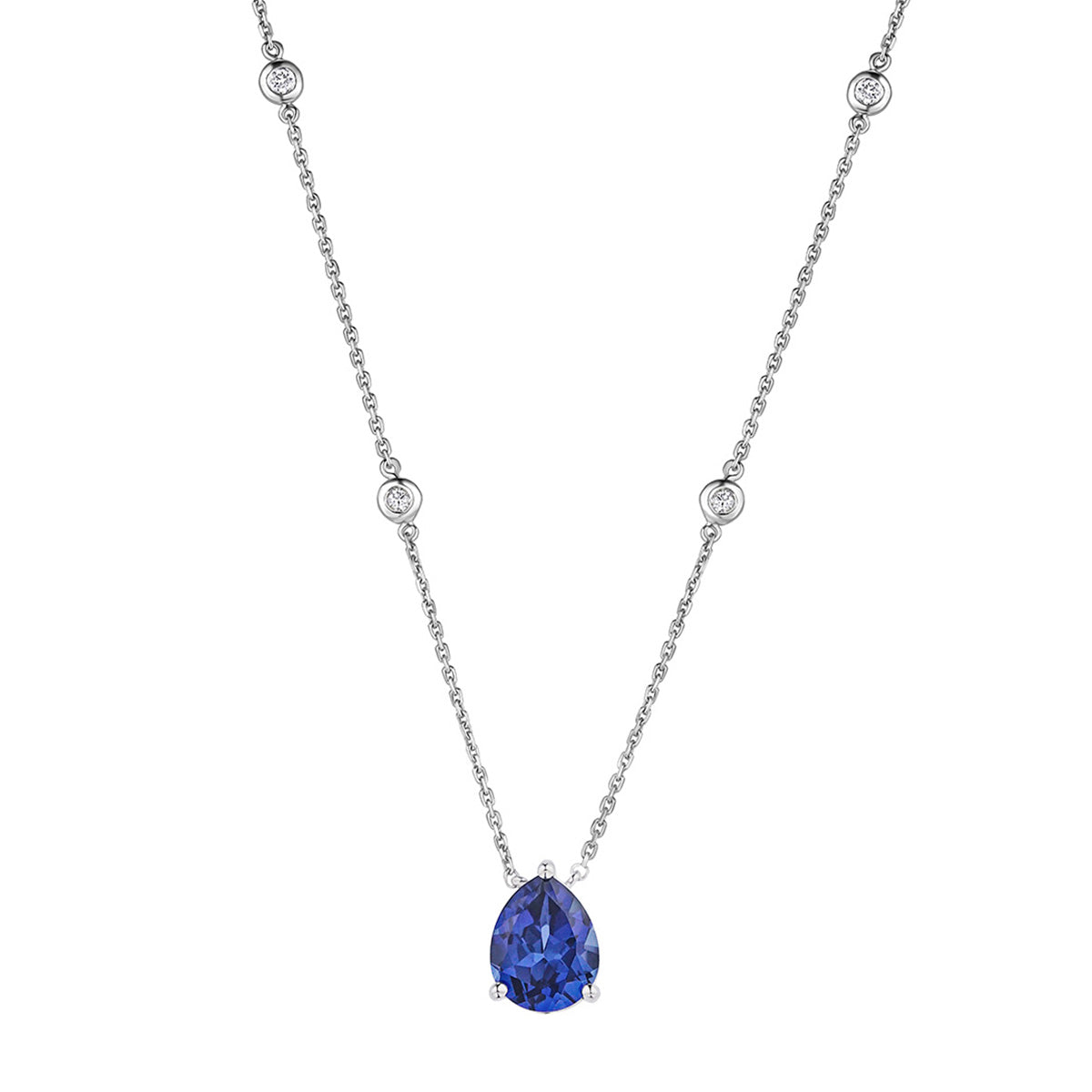 Astra 3.20ct Lab Sapphire and Diamond Solitaire Pear Cut Necklace in Silver